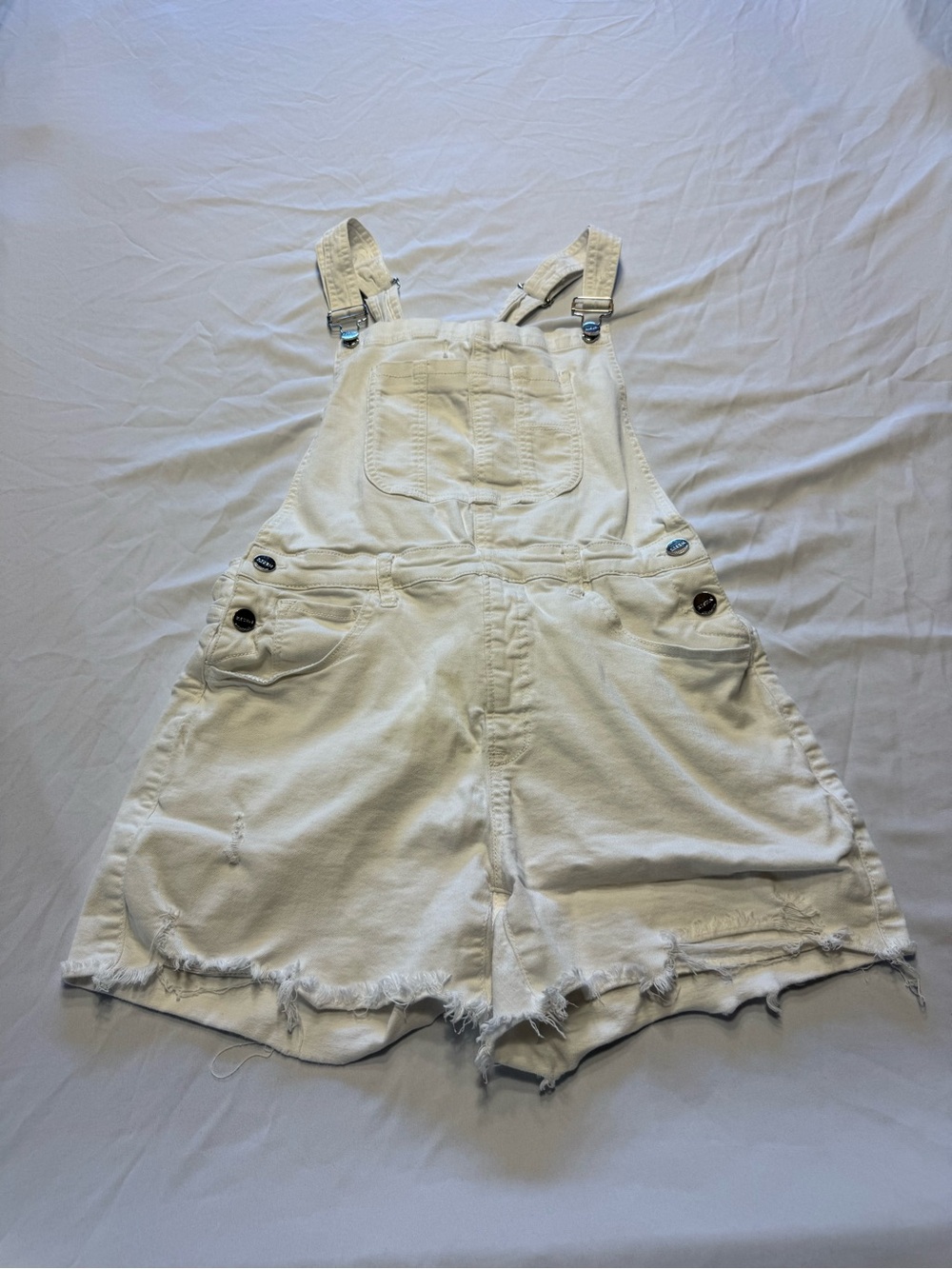 White Denim Short Overalls with Frayed Hem